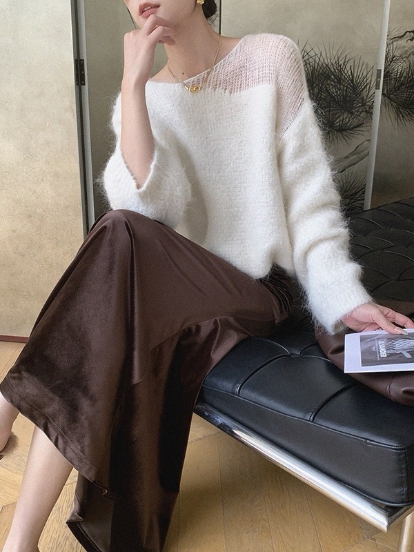 初秋冬法式半镂空毛衣女韩版设计感慵懒松弛感宽松长袖针织衫上衣|undefined