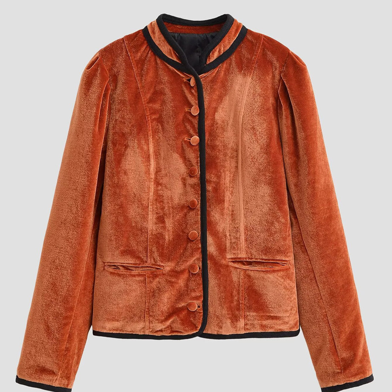 Foreign trade cross-border velvet textured color-block trim suit jacket for women, retro style, stand-up collar, button closure, short length, long sleeves Foreign trade cross-border velvet textured color-block trim suit jacket for women, retro style, stand-up collar, button closure, short length, long sleeves