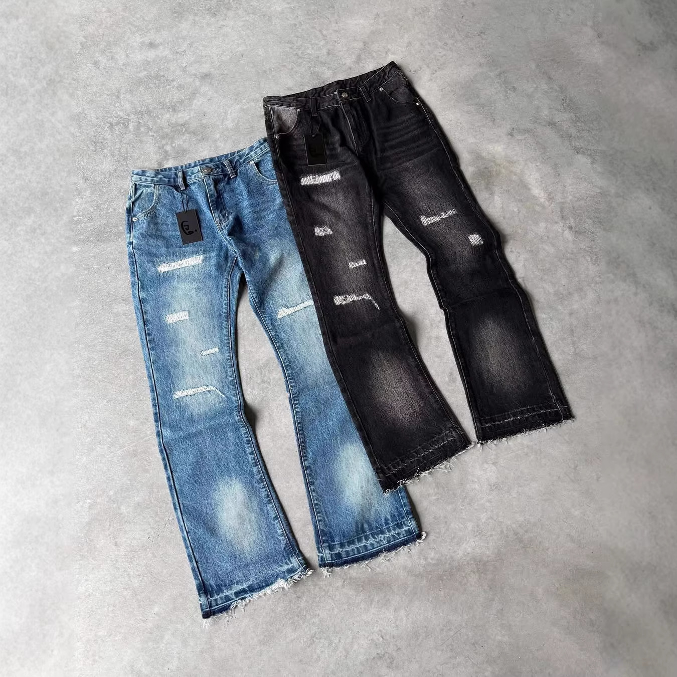 Vintage Washed Women's High-Waisted Flared Jeans Y2K Streetwear Retro Denim Pants With Handmade Distressed Details_mkmklike.com