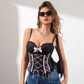 Cross Lace Tank Top跨境热款蝴蝶结交叉蕾丝鱼骨背心塑身胸衣