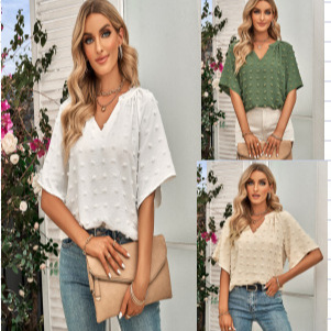 2023 European and American spring and summer New Amazon popular foreign trade women's casual style V-neck solid color fur ball top for women