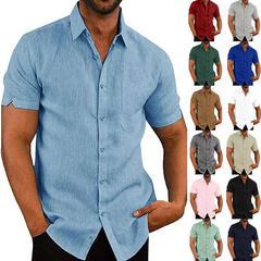2025 アマゾン ebay ホット販売人気夏ラペル無地半袖ボタンメンズリネンシャツ紳士服