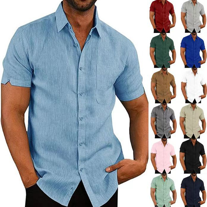 2025 Amazon Ebay Hot Selling Summer Lapel Pure Color Short-Sleeved Button Men's Linen Shirt Men's Clothing