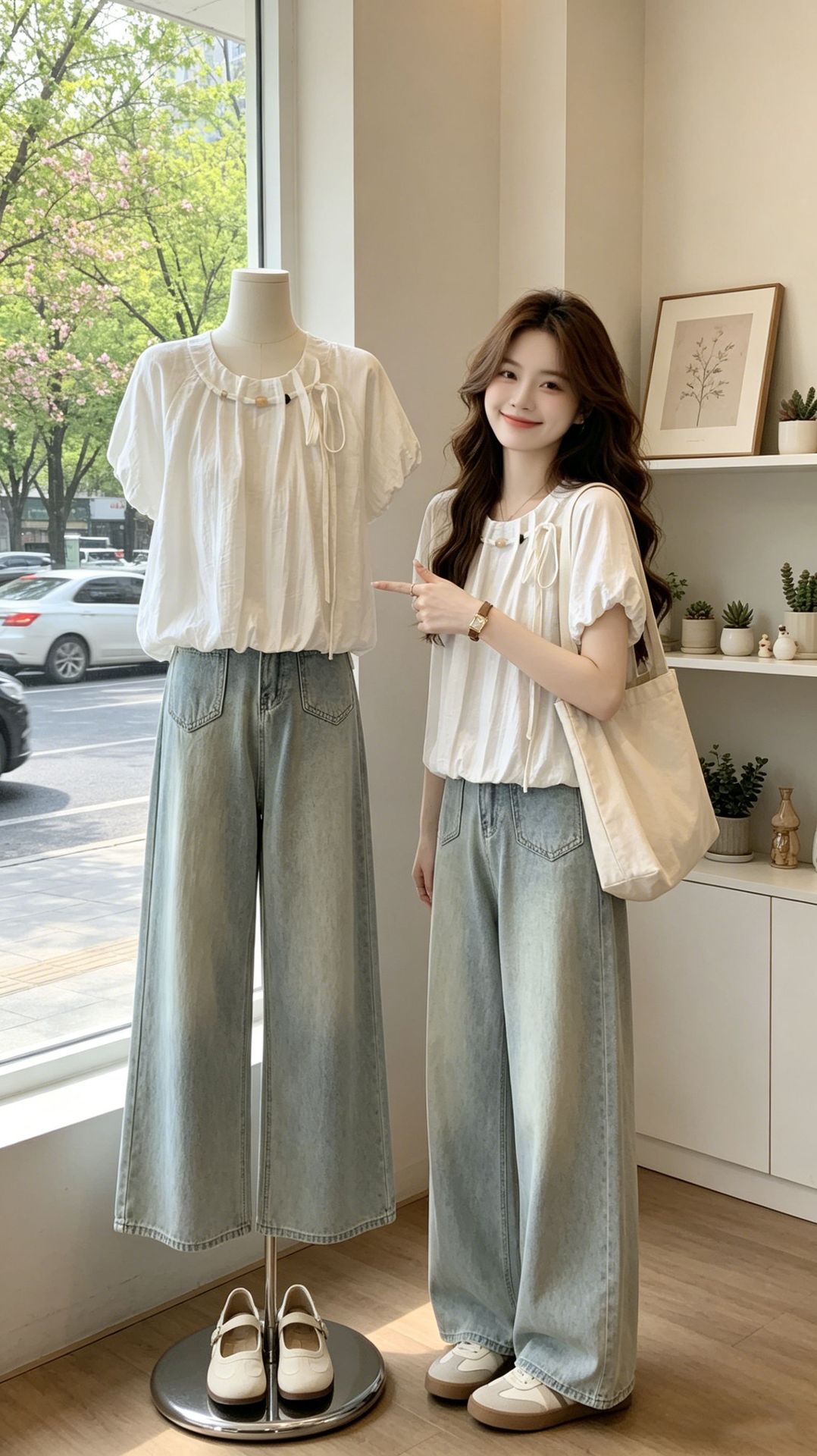 Áo thun nữ tay ngắn cổ tròn chất liệu chiffon phối cườm tay bồng — màu xanh nhạt chi tiết 4