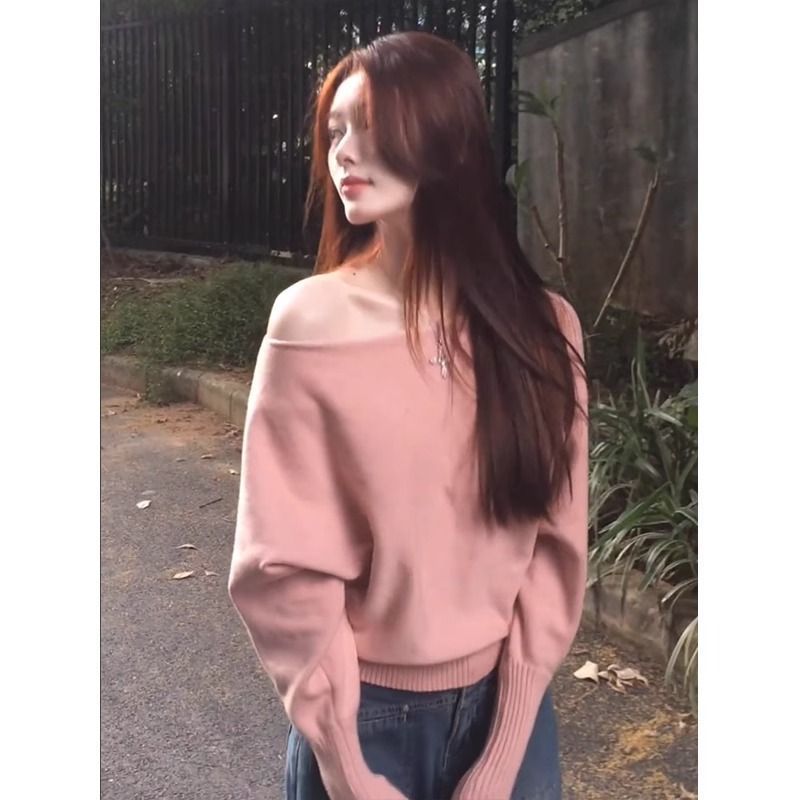 한국식 핑크 긴팔 니트 스웨터 여성의 가을 및 겨울 내베이스 레이어 스웨터 서양식 연령 감소 숄더 탑