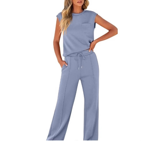 Women's Casual Outfit Set Sleeveless Top High Waist Wide Leg Pants Two Piece Summer Pure Color Loose Fit Comfortable Polyester Spandex Stretchy_voghion.com