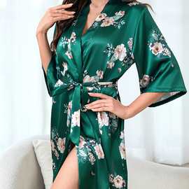 2025欧美夏季新款仿真丝浴袍长款长袖睡衣睡袍女士舒适绑带家居服