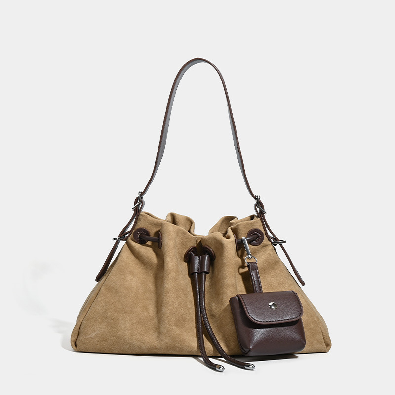 Vintage Suede Commuter Tote Bag For Women, Large Capacity Pleated Bucket Bag, Casual Versatile Shoulder And Crossbody Bag - Thumbnail 6