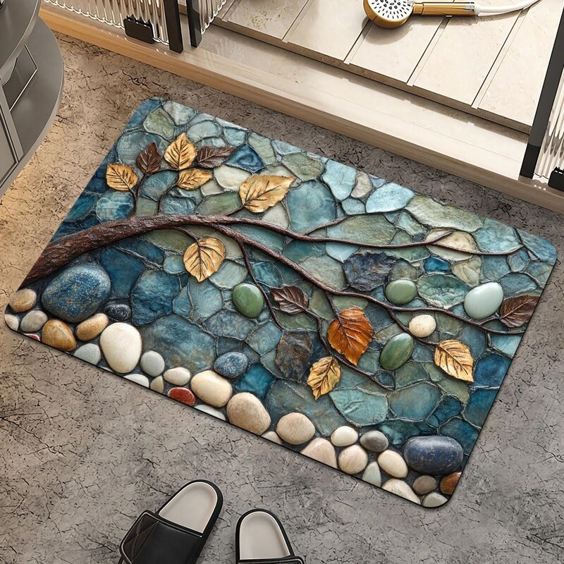 Cross-Border Exclusive Supply of Three-Dimensional Pebble, Branch, and Autumn Leaf Forest-Themed Natural Bathroom Flannel Floor Mats and Home Carpet Decorations
