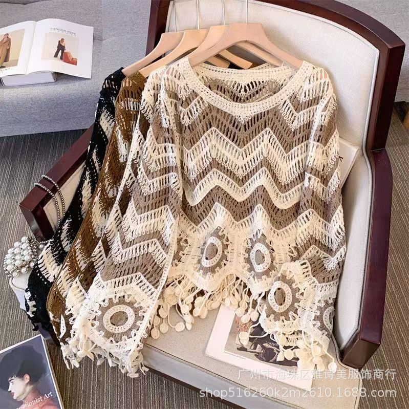 French Crochet Hollow Irregular Design Knitwear Women's Autumn Lazy Style Loose Slimming Tassel Top Trendy