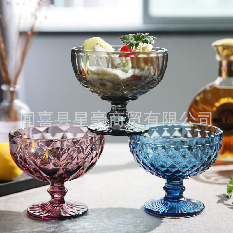Fábrica al por mayor color europeo en relieve tazón de ensalada ámbar color primario taza de vidrio grueso batido taza de helado taza