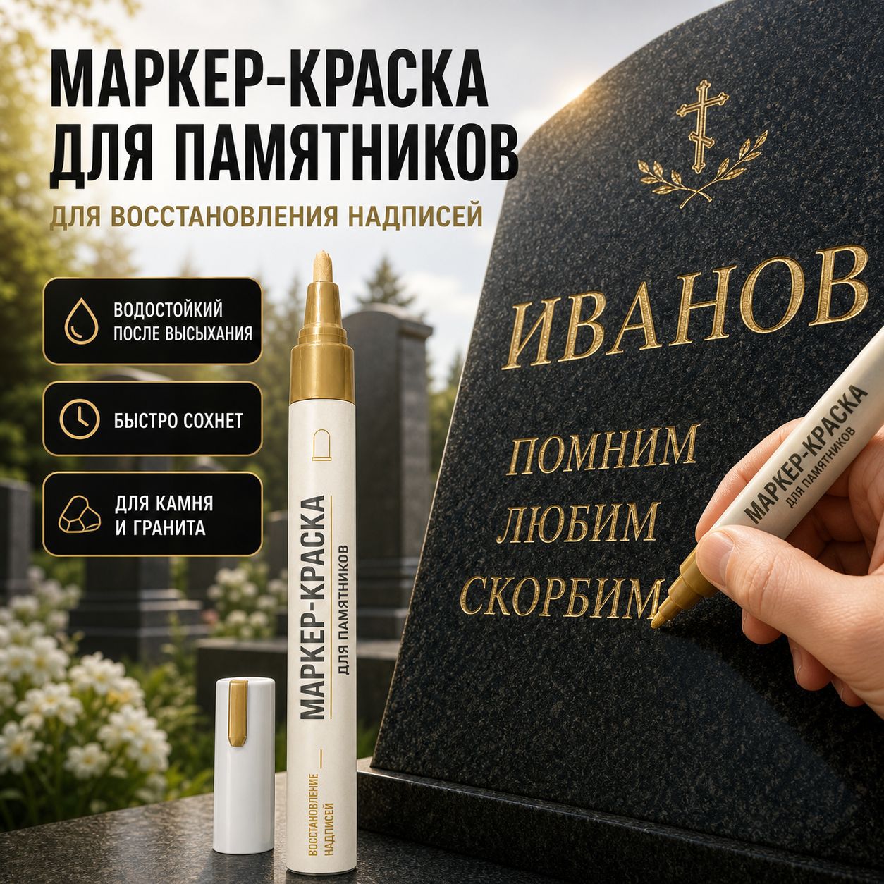 Cross-border gold-colored stone paint pen for tombstone inscriptions, gold-painting pen for granite engraving, color restoration, waterproof marker pen