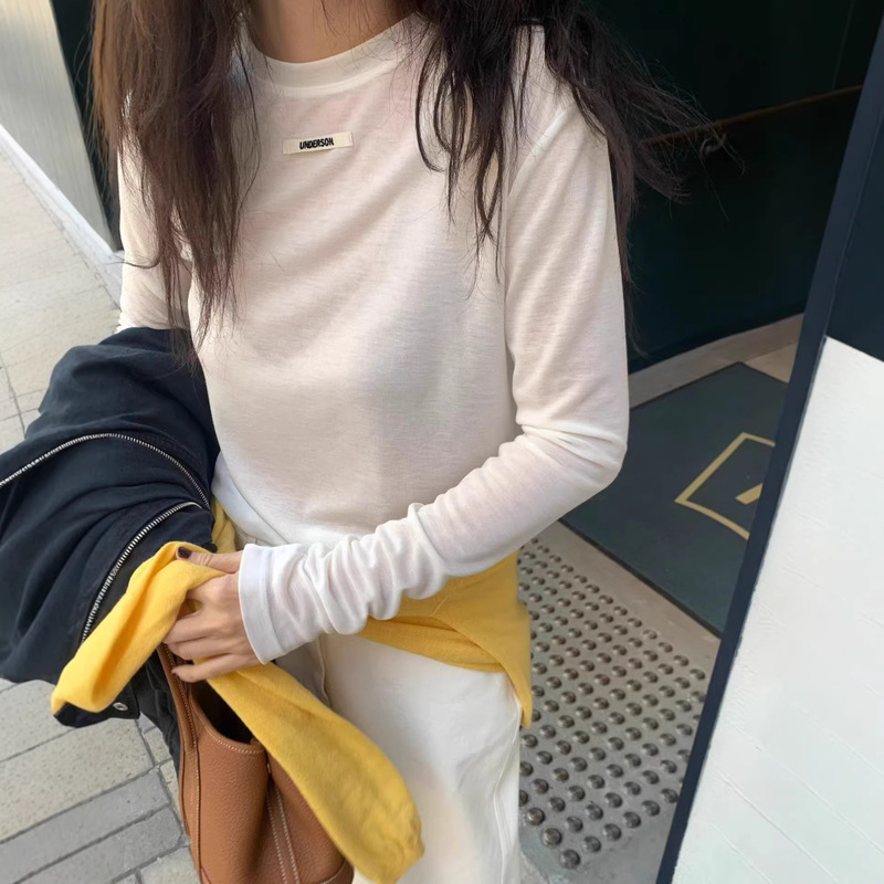 The Same Style as the Korean Dongdaemun 2026 Spring Underson Trendy Letter Logo Tencel Wool Long-Sleeve T-Shirt
