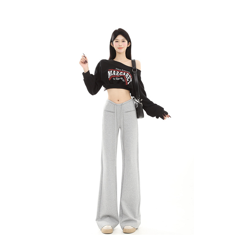 春秋用 ロング丈 グレー エアレイヤー ローウエスト マイクロフレア スポーツパンツ レディース ストレート 細見え カジュアル スウェットパンツ|undefined