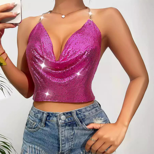 2024 Cross-border Supply Source Wish Amazon Hot Selling Sexy Metal Sequin Backless Strapless Tank Top X20353