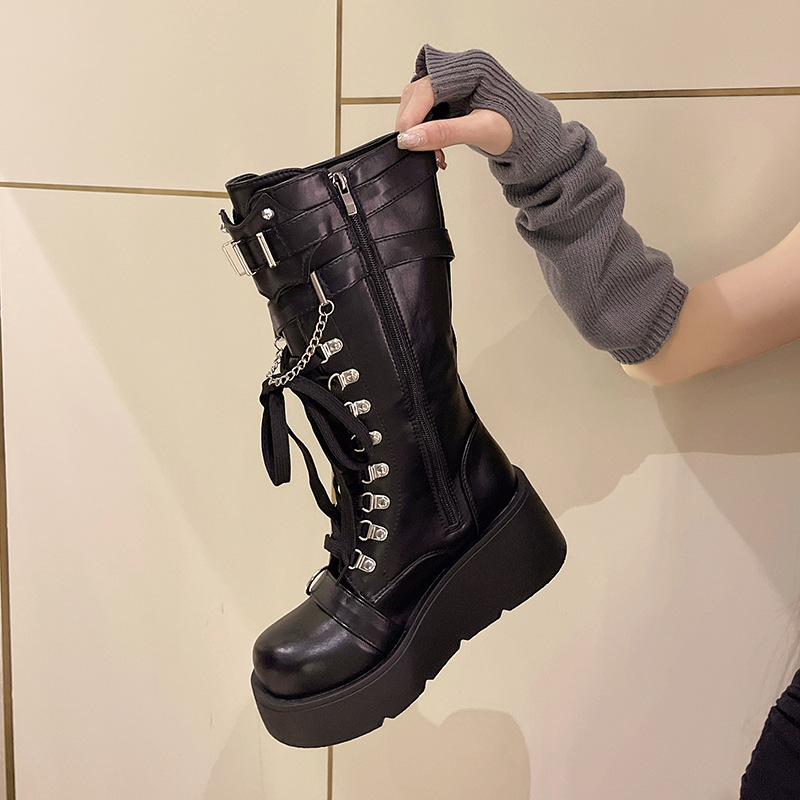 Women's Shoes rivet buckle thick heel mid tube boots women's Gothic punk style knight boots _voghion.com