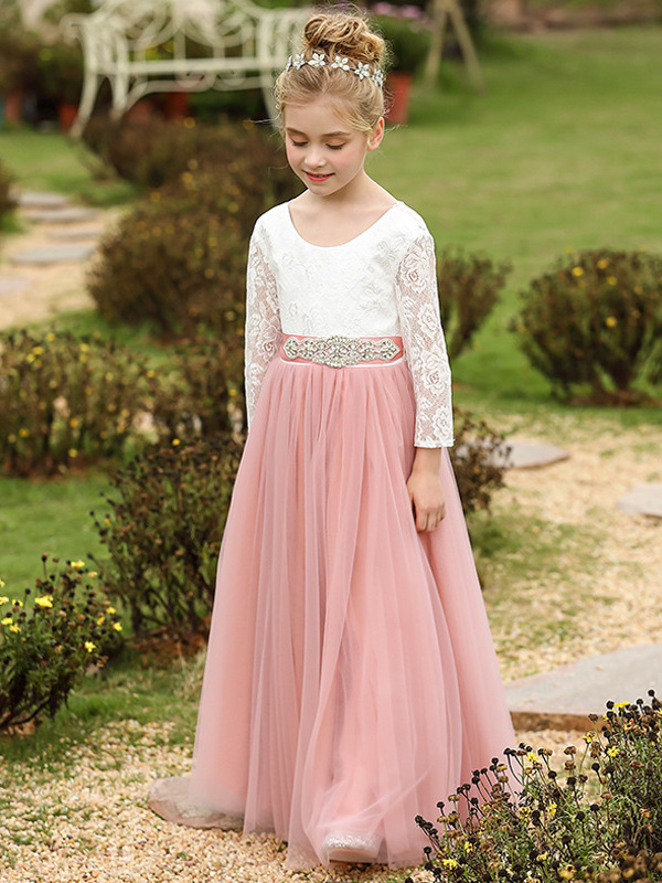 Nuevo vestido infantil europeo y americano, vestido de niña de las flores para bodas, vestido de encaje de manga larga para niñas, vestido de princesa para cumpleaños.