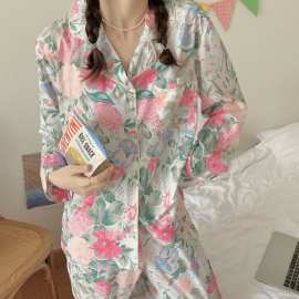韩国东大门ins女士新款秋季花朵家居服丝质长袖长裤睡衣套装女潮
