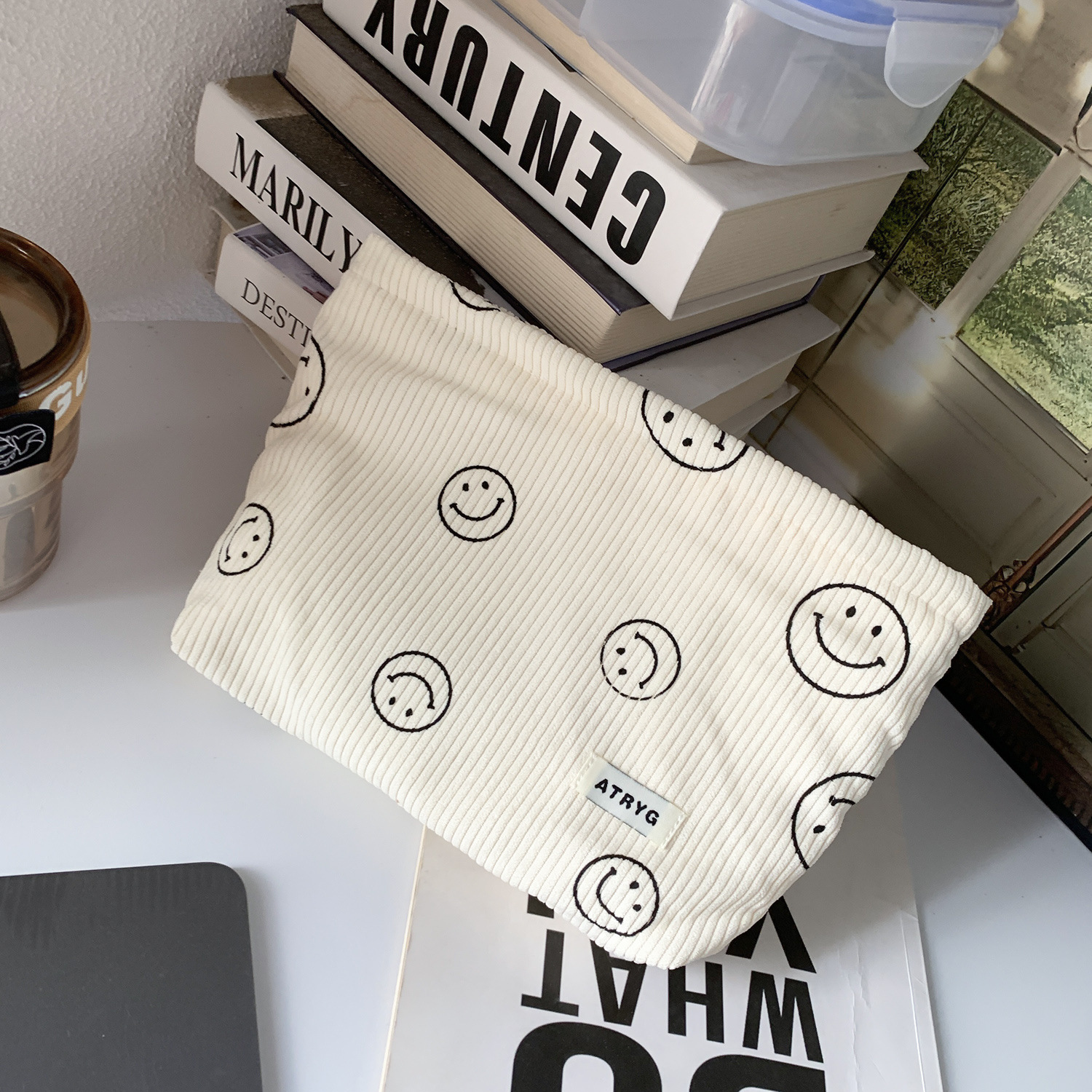 Bolsa de cosméticos de pana de lunares de lona transfronteriza, almacenamiento de cara sonriente, bolso de mano de lavado, llave, billetera móvil, estuche para lápices