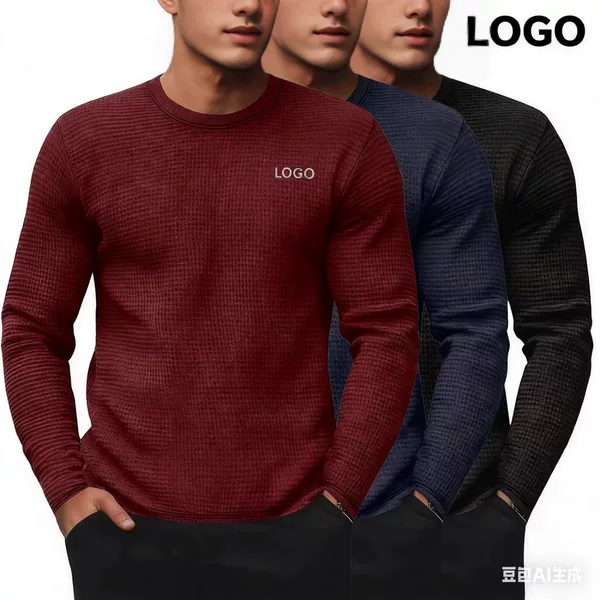 European and American Cross-Border Amazon American-Style Men's Waffle Knit Round Neck Pullover Long-Sleeve Solid Color T-Shirt Casual Top