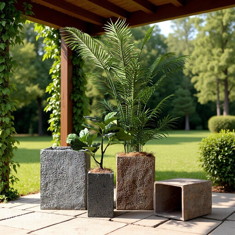 Vintage rustic ceramic texture large flower pot, floor-standing, imitation cement, deep square design, for outdoor living room green plants and flowers