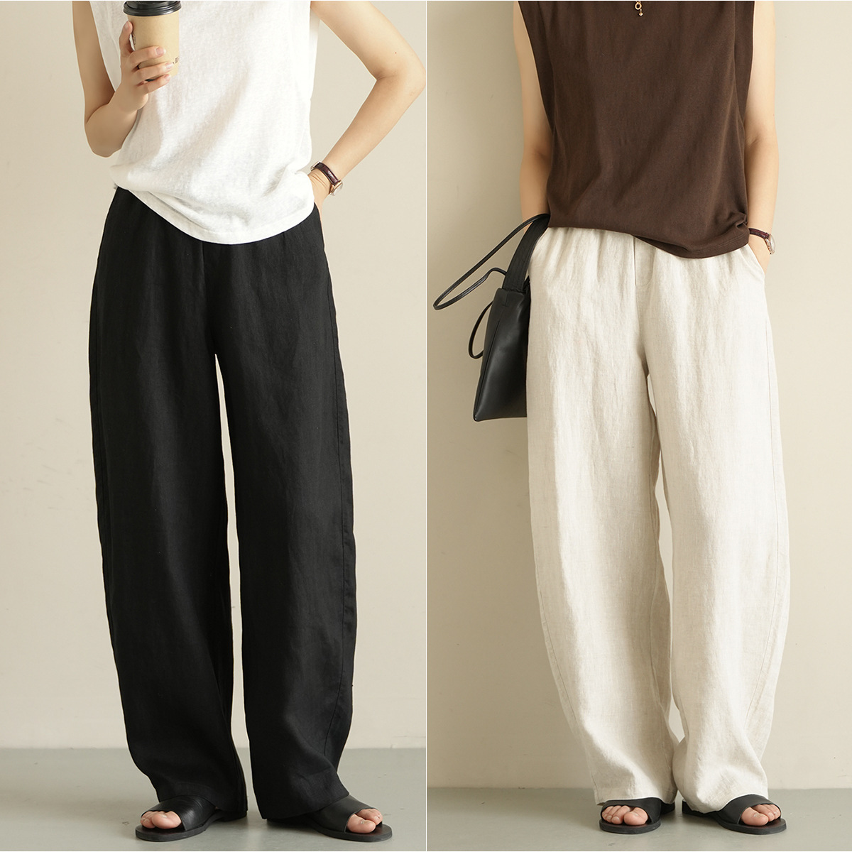 2025新款水洗全亚麻 女士阔腿裤直筒显瘦镰刀裤 老钱风春秋款女装