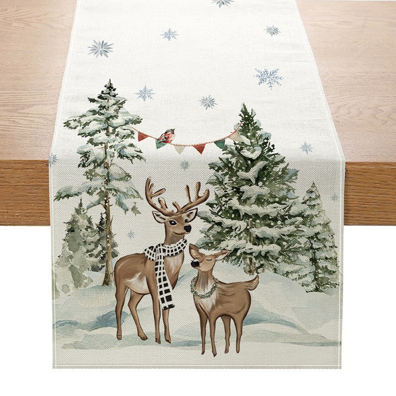 Camino de mesa navideño con estampado de muñeco de nieve y Santa