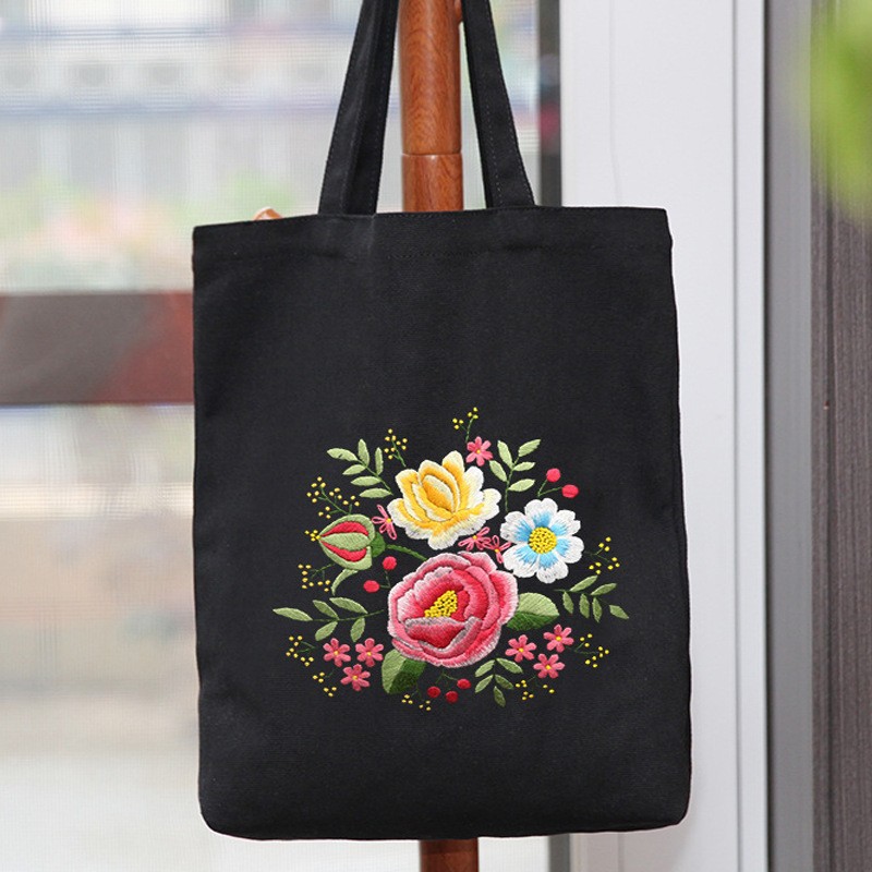 Hecho a mano DIY cinta bordada bolsa de lona Lu bordado solo hombro bolso tridimensional bordado flor lienzo mujer bolsa grande