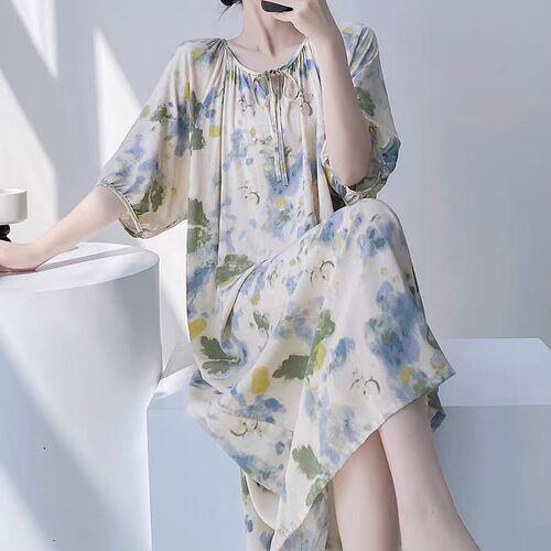 2025 Cotton Satin Nightgown Women's French Long Dress Casual Round Neck Wearable Homecoming Breathable Comfortable Chinese Style Lazy Wind