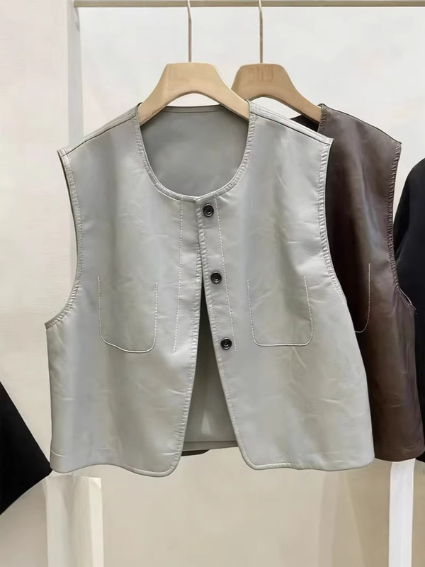 2026 New Style Leather Vest Round Neck Single-Breasted Pu Leather Vest Jacket for Women Spring and Autumn New Design 2026 New Style Leather Vest Round Neck Single-Breasted Pu Leather Vest Jacket for Women Spring and Autumn New Design