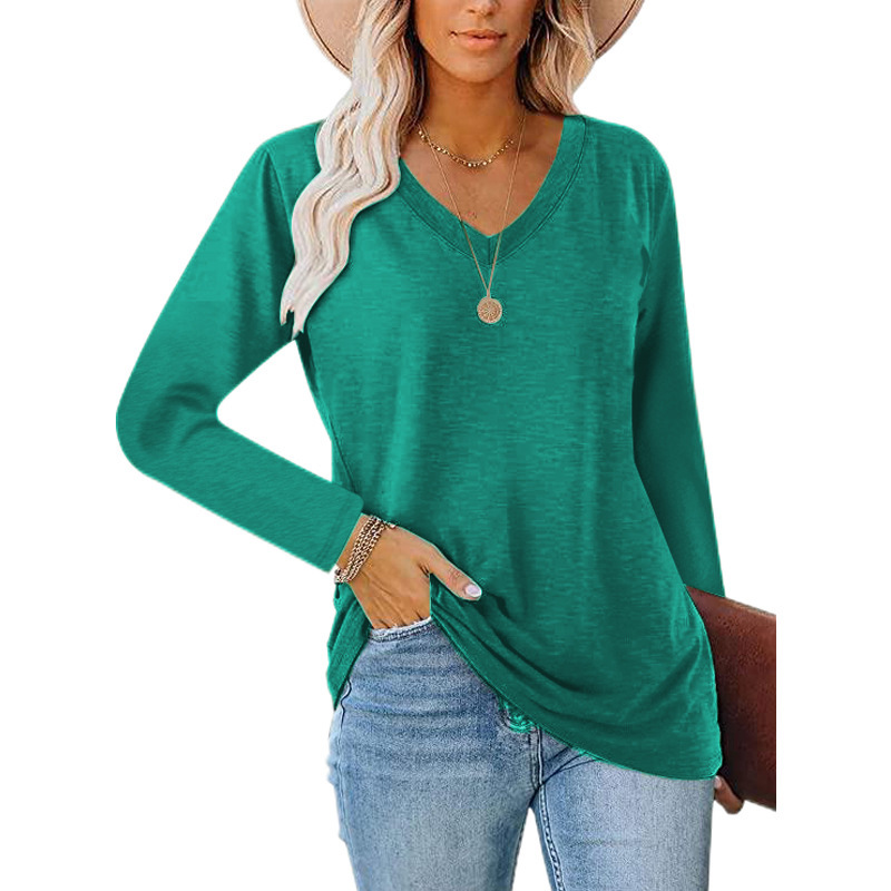 Women's T-shirt V-neck Loose Long Sleeved Solid Colour Top_voghion.com