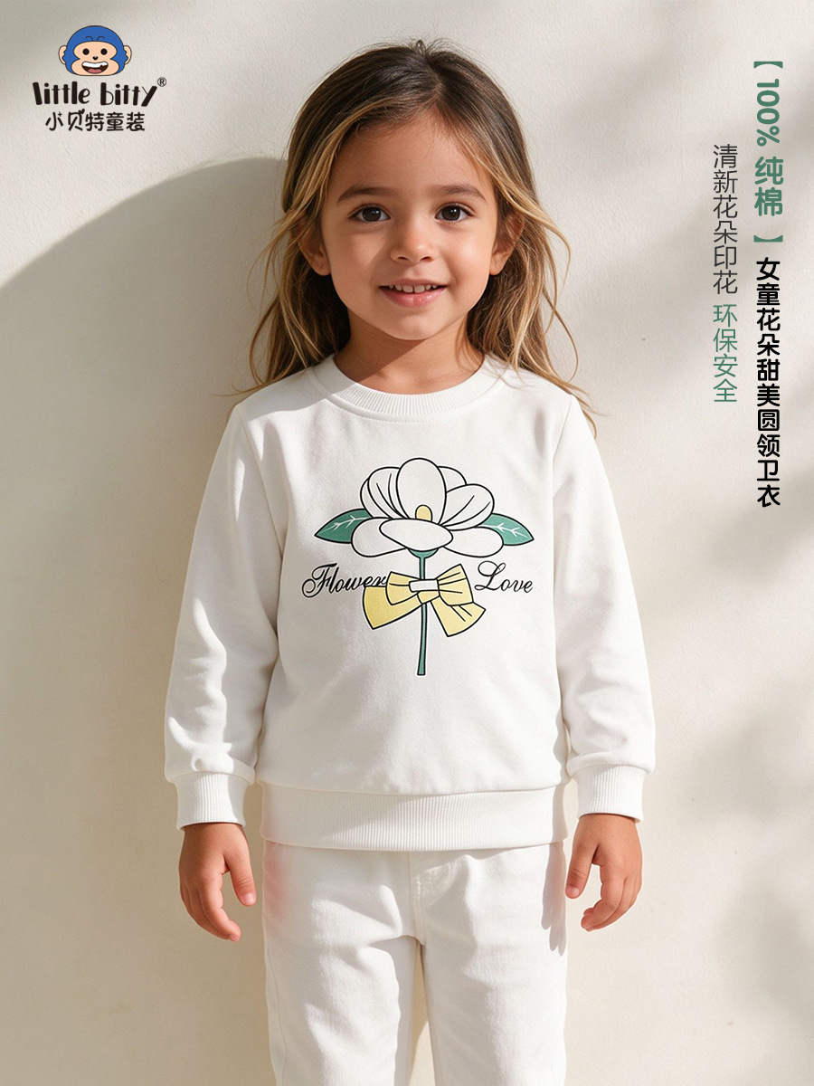 秋冬季女童圆领卫衣花朵蝴蝶结印花宝宝长袖套头衫中小童批发现货