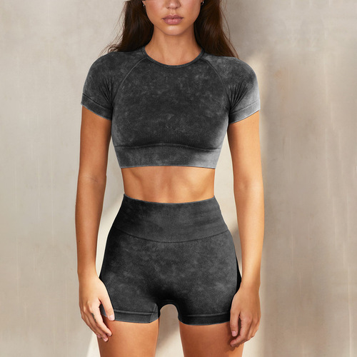 European and American-style Instagram-worthy yoga outfit set for women: summer shorts and short-sleeve combo, sand-washed faux denim fitness wear, perfect for yoga sessions.