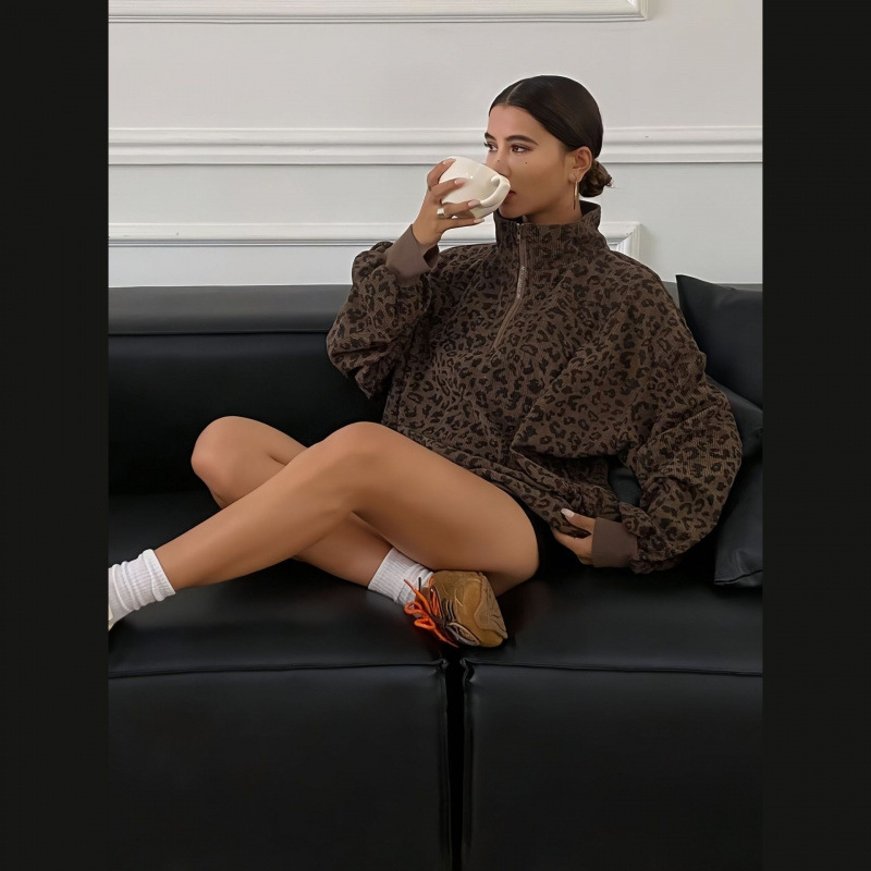 Women's Leopard Print Sweatshirt Loose Mid-length Jacket_voghion.com