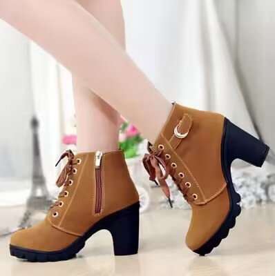 Autumn and Winter New High-Heeled Women's Boots Cross-Strap Short Boots Belt Buckle Thick Heel Boots Leather Boots Woman Shoes