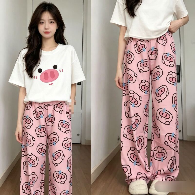 Nasal Pig Round-Neck Top + Cloud Cotton Pants Set, Cute Pure Cotton Short-Sleeve Long Pants, Loose and Versatile, Can Be Worn Outside