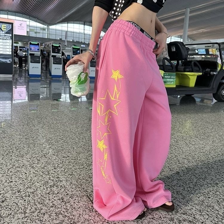 跨境美式y2k星星字母印花松紧腰阔腿休闲裤男女宽松百搭垂感长裤|undefined