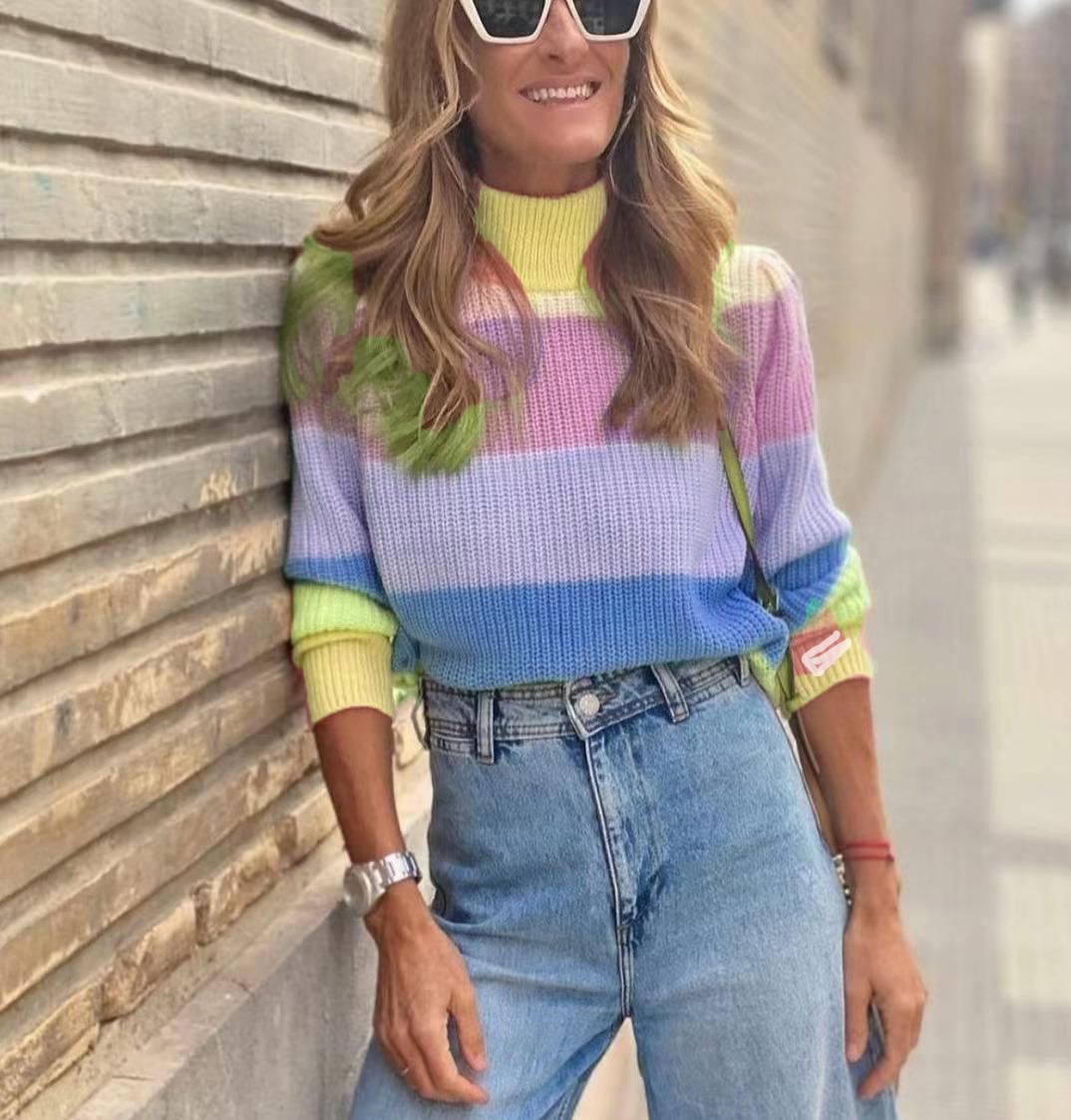 Damenbekleidung Herbst- und Winterpullover Rollkragenpullover Kontrastfarbe Langarm Lockerer Pullover Oberteil Damenbekleidung_voghion.com