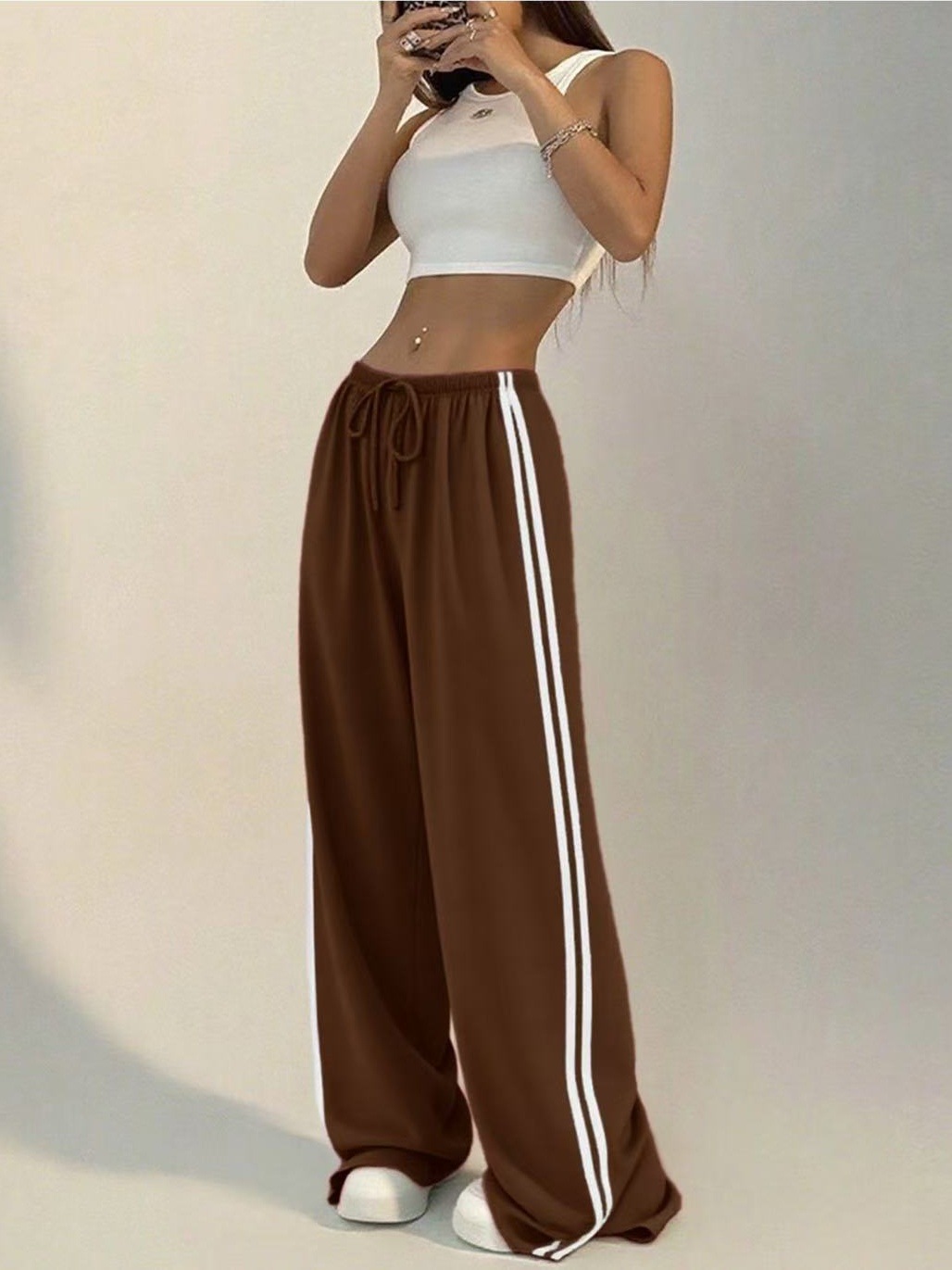 High-waisted Wide-leg Lounge Pants With Side Stripe Detail_voghion.com