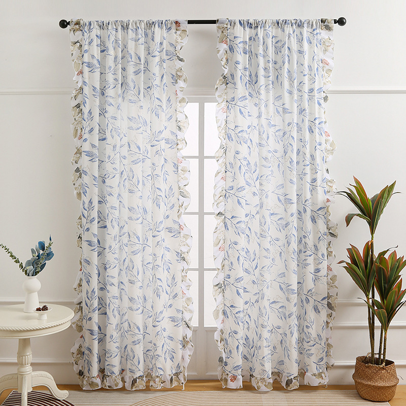 New Chinese style white background blue willow leaf gilding yarn curtain ruffled small clear new high luxury home advanced finished curtain New Chinese style white background blue willow leaf gilding yarn curtain ruffled small clear new high luxury home advanced finished curtain