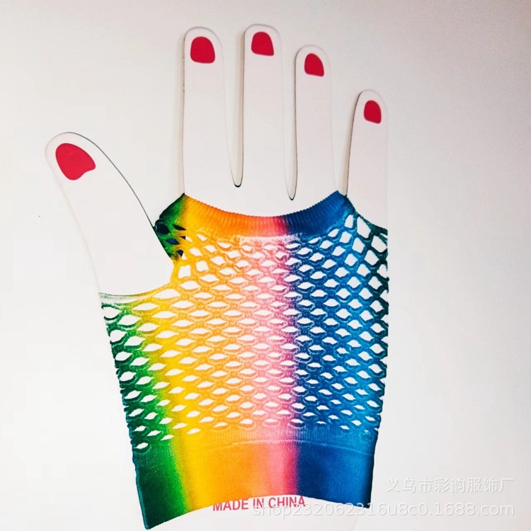 Guantes arco iris al por mayor fiesta transfronteriza malla arco iris guantes escenario discoteca sexy manga de red de pesca guantes de medio dedo image 8