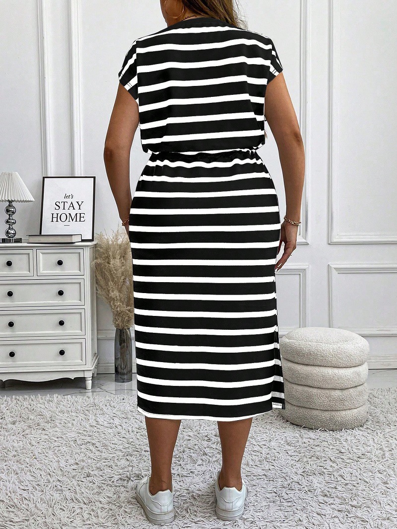 2024 transfronterizos Europa y América ropa de mujer de tamaño grande Amazon stand independiente cuello redondo estriado corbata vestido de cintura