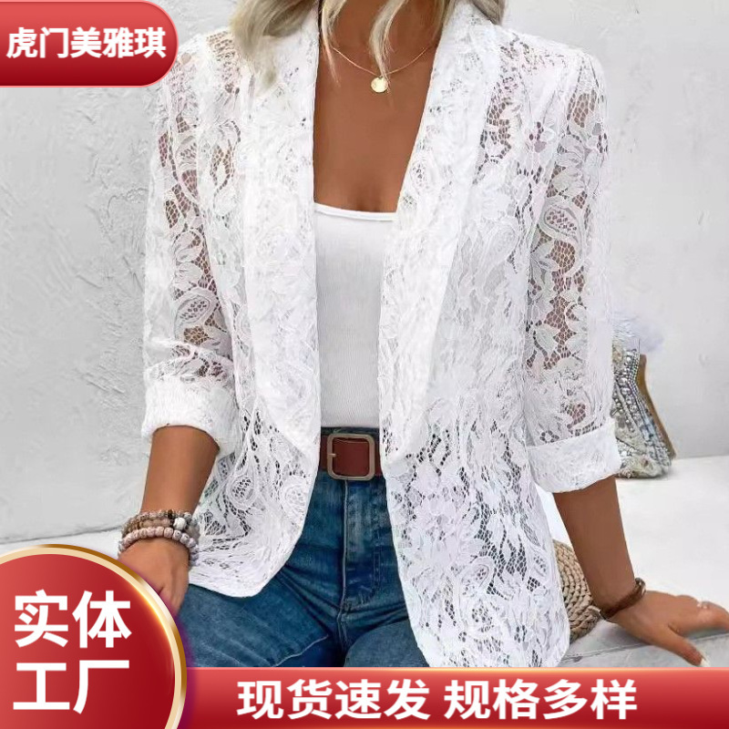 2026 European and American Amazon Temu Cross-Border Spring and Summer Stylish Versatile Solid Color Lace Shirt Jacket 2026 European and American Amazon Temu Cross-Border Spring and Summer Stylish Versatile Solid Color Lace Shirt Jacket