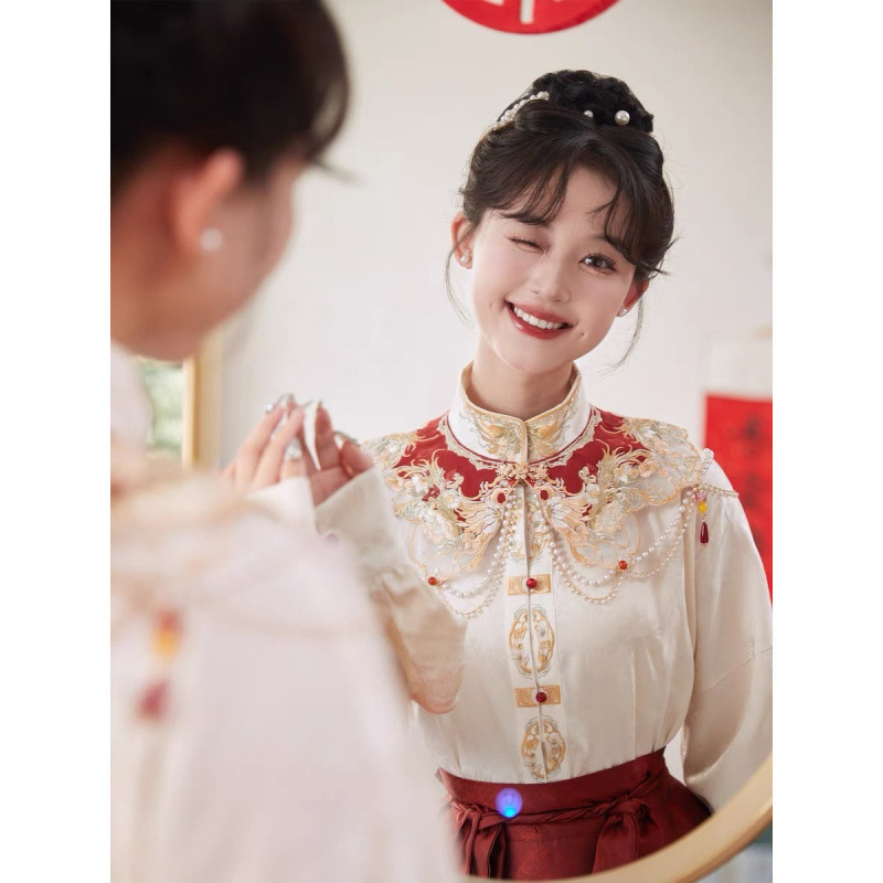 中国式国風重工馬面スカート雲肩漢服敬酒服婚約服半身スカートセット|undefined