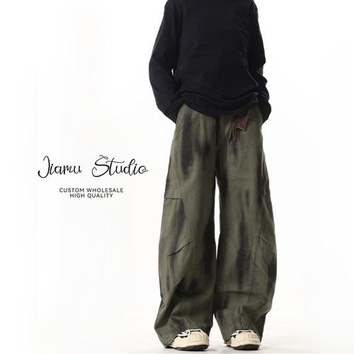JIAMU American Retro Pleated Loose Neutral Style Dirty Dyed Bended Knife Casual Pants for Men and Women Sheer Wide Leg Work Pants