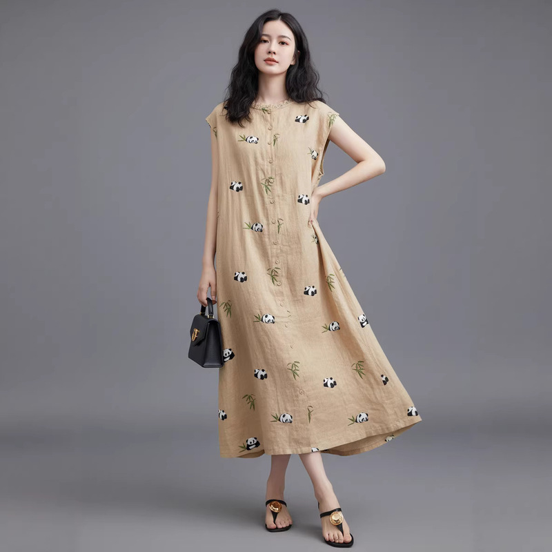 2026 Summer New Linen Embroidered Panda Dress, Stylish and Cute, Age-Reducing Long Dress, Cardigan, Reversible