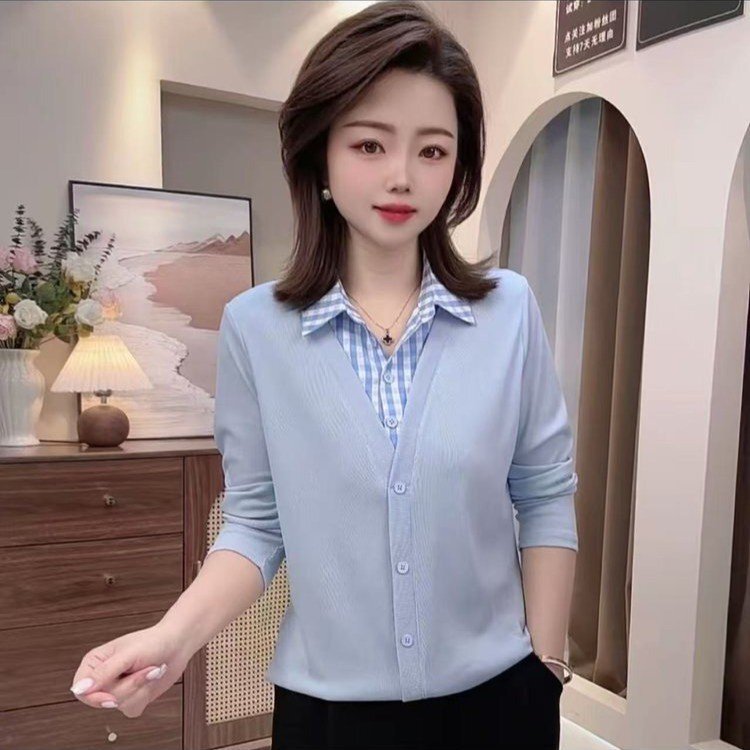 一件代发2025秋季新款时尚气质百搭减龄假两件拼接衬衫领长袖上衣|undefined