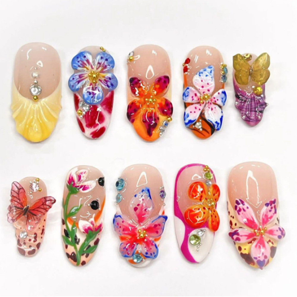Transfronteriza venta en caliente perforación en relieve manicuras flores mariposa danza desgaste de uñas almendras 24 piezas parches de uñas franceses image 1