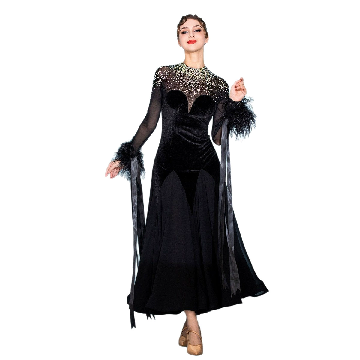 Королева черного! Современное танцевальное платье Dress Down с перьями S7106, национальный стандарт, вальс, бальное платье с кристаллами