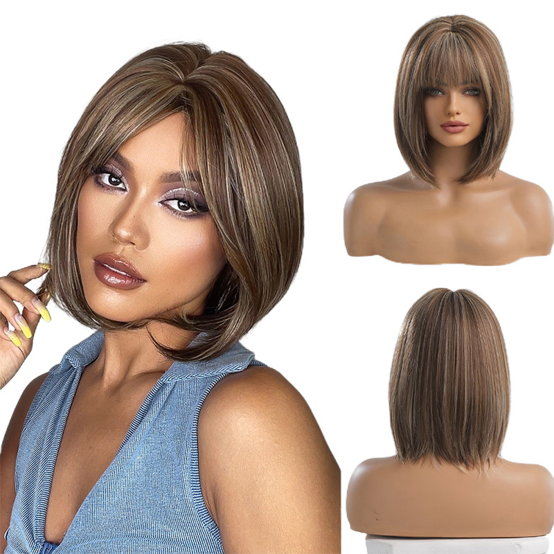Comercio electrónico transfronterizo Comercio exterior nuevo pelo corto recto flequillo recto cabeza de Bobo Peluca de fibra química europea y americana fabricante de cubierta de cabeza completa femenina